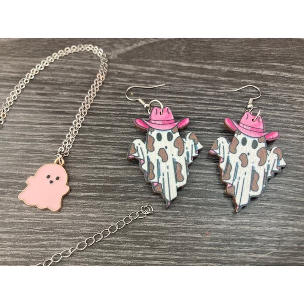 NEW! Pink Cowgirl Ghost Earrings And Necklace Set - Halloween Pair